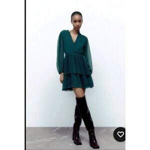 Zara Ruffled Feminine Long Sleeve Mesh Mini Dress Blue Size Large